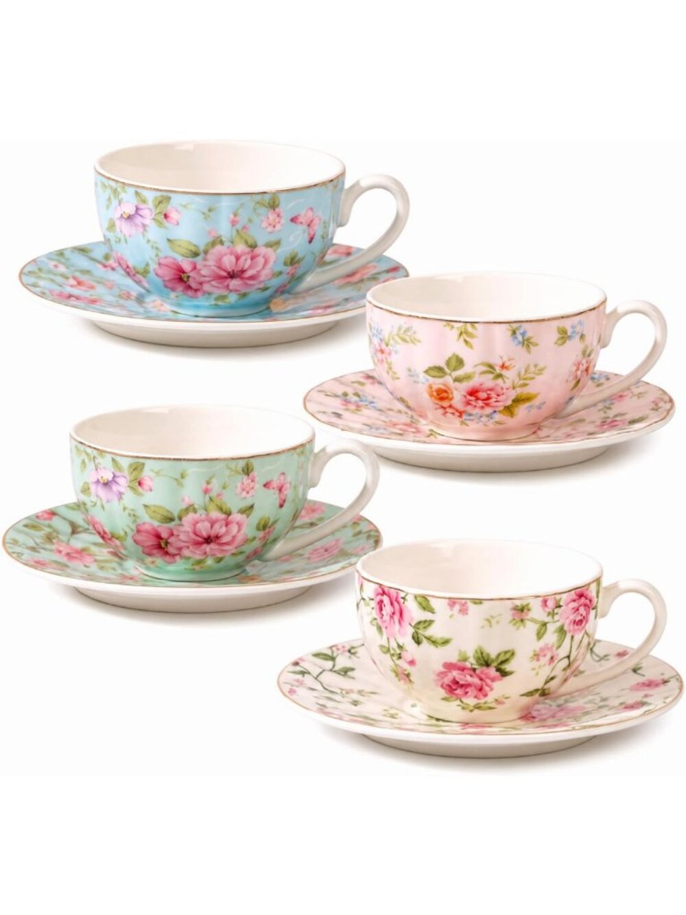 Vintage Floral Tea Cup Set - 4 Ceramic Cups & Saucers, 6.7oz, Elegant Tea Party